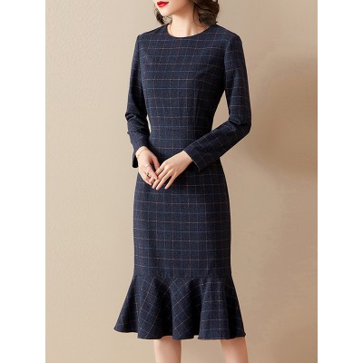 blue plaid dress  HE1004-03-04