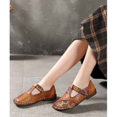 Genuine Leather Brown Flat Shoes Embossed Flats