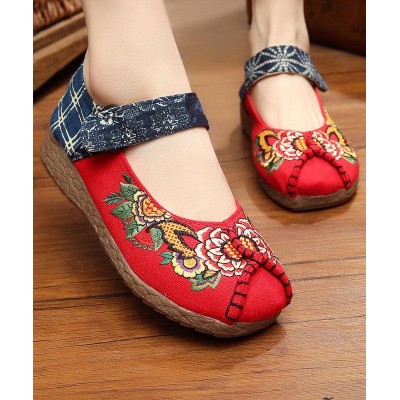 Red Cotton Embroideried Fabric Flat Shoes For Women Splicing Flats