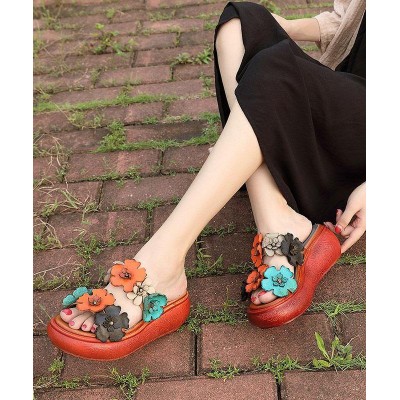 Elegant Wedge Orange Cowhide Leather Slide Sandals