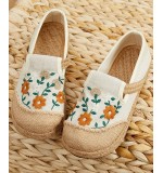 Beige Embroideried Linen Fabric Flats