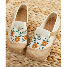 Beige Embroideried Linen Fabric Flats